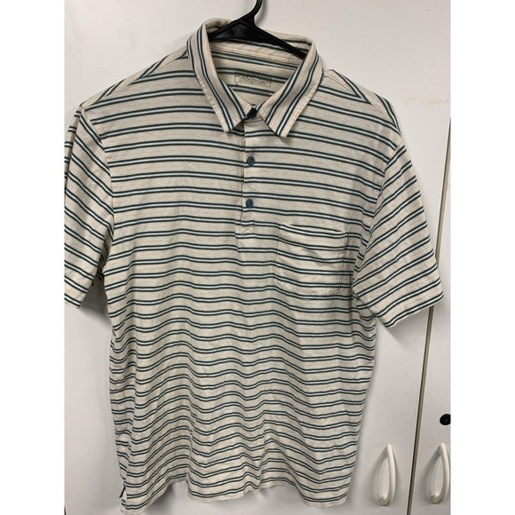 Patagonia Mens Small Peach White Striped Short Sleeve Organic‎ Cotton Polo Shirt - Picture 1 of 8